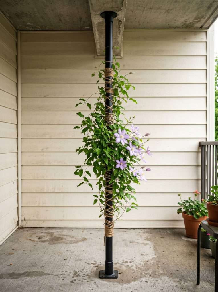 Vertical black tension rod with climbing clematis vine against apartment siding.