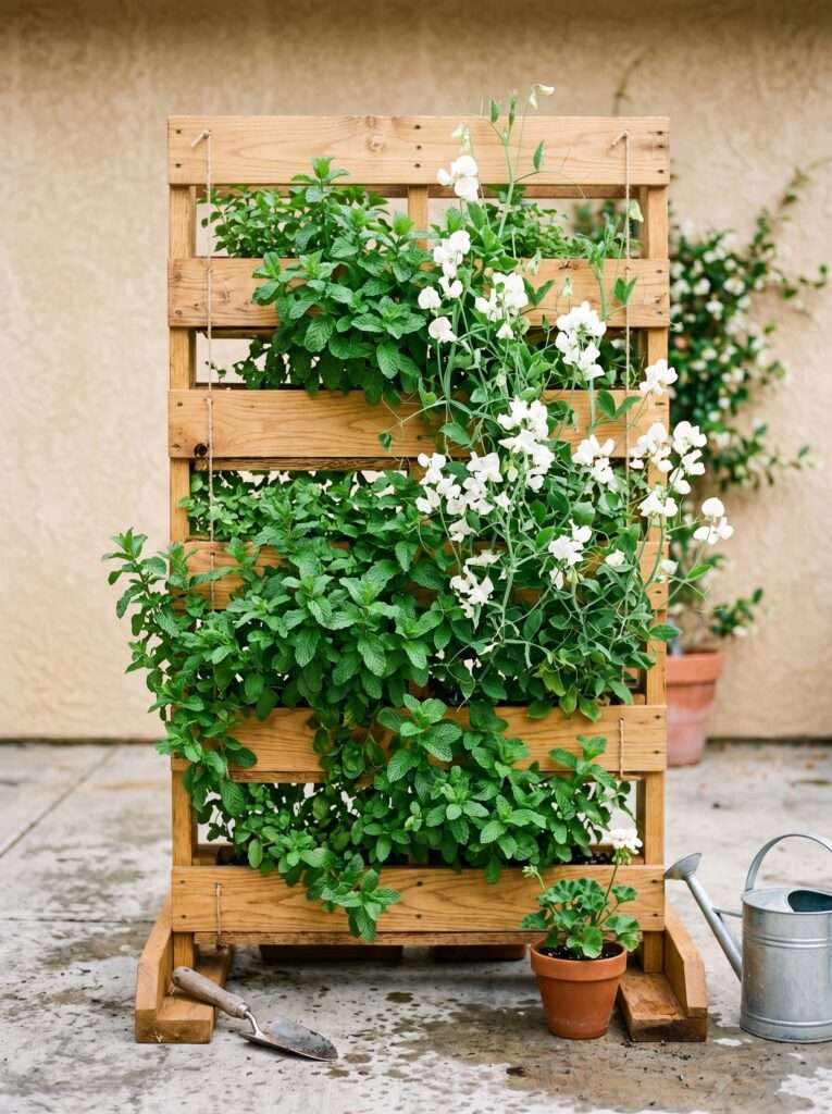 Vertical wooden pallet garden planter used as a patio privacy screen.