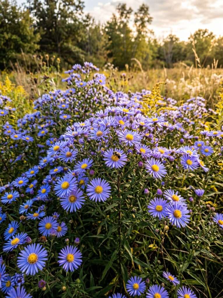 A close-up view of native blue-violet Asters with yellow centers blooming densely in late summer.