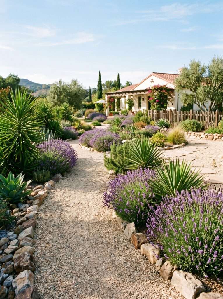 A properly designed fire safe backyard landscape with distinct gravel paths and isolated plant beds