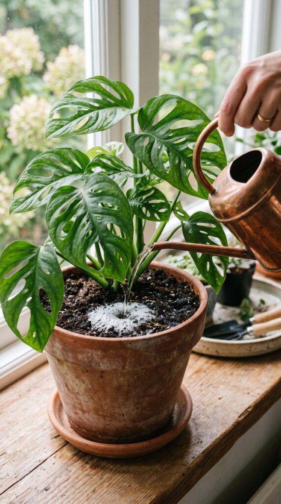 A clear stream of water from a watering can hitting the soil of a potted Monstera plant, with light white effervescent bubbles appearing on the surface.