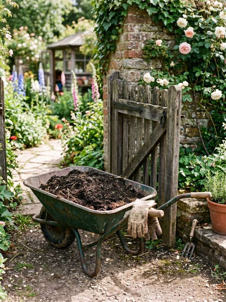 Wheelbarrow full of rich dark compost next to a garden gate with worn gloves.