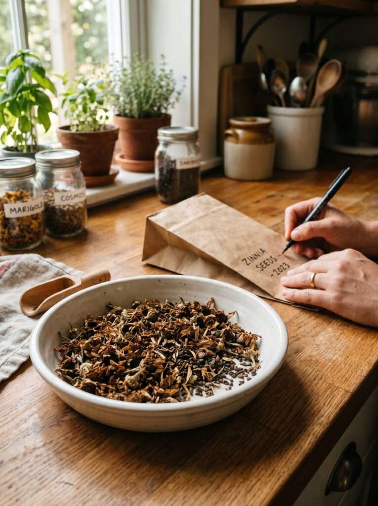 A white dish filled with processed zinnia seeds and chaff sitting next to a hand-labeled brown paper bag on a kitchen counter.