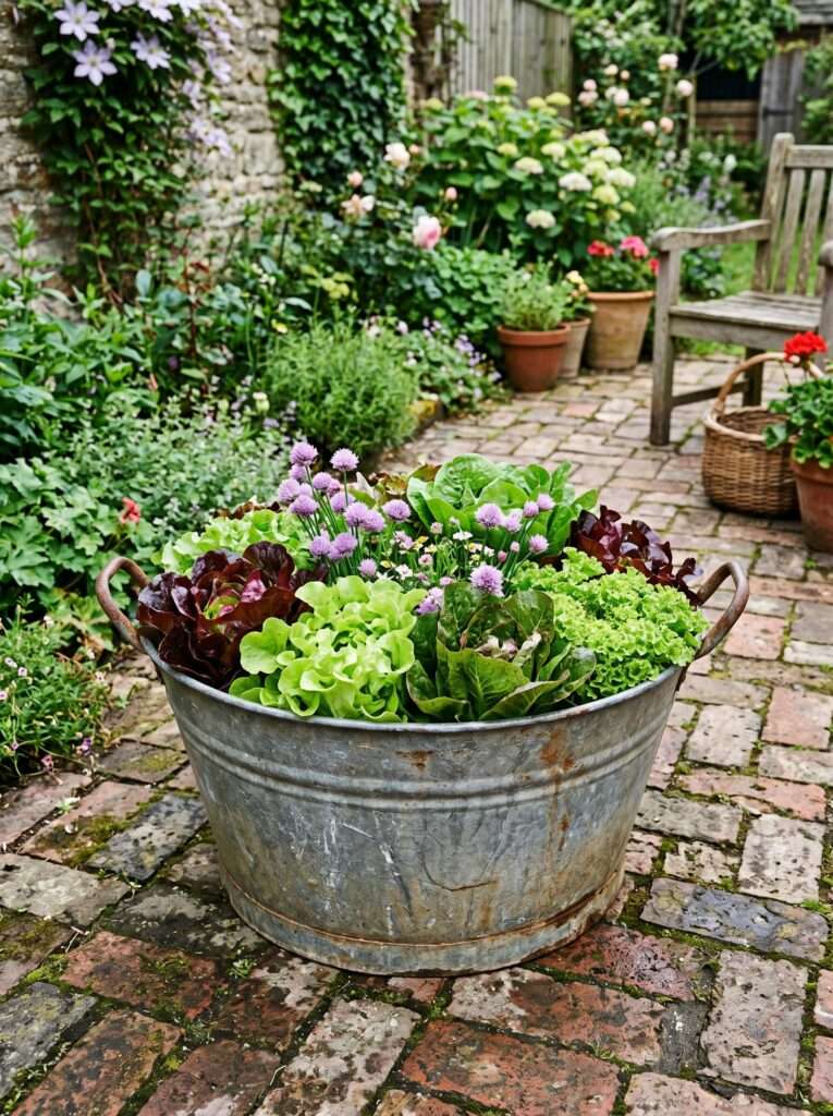 Galvanized metal wash tub filled with colorful loose leaf lettuce on brick patio.