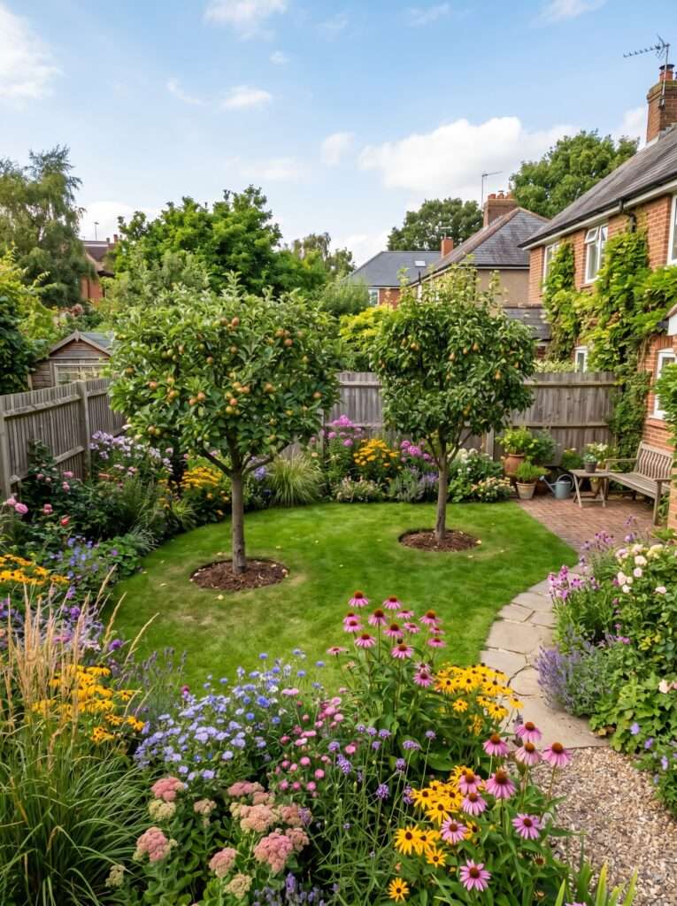 A wide view of a small suburban backyard garden in late summer, showing two neatly shaped fruit trees integrated with a slightly wild border of flowering perennials.