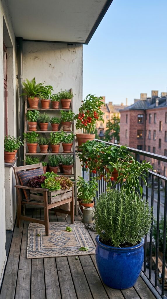 Sturdy rosemary plant in a heavy pot protecting a delicate pepper plant from balcony wind.