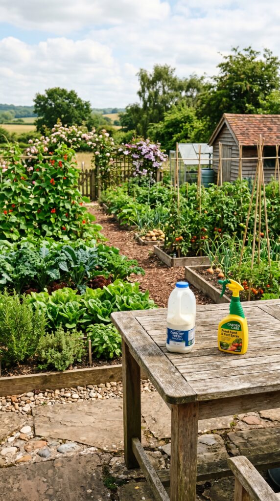 A peaceful garden scene with a watering can, a carton of milk, and a spray bottle sitting on a wooden table overlooking a field of large zucchini leaves.