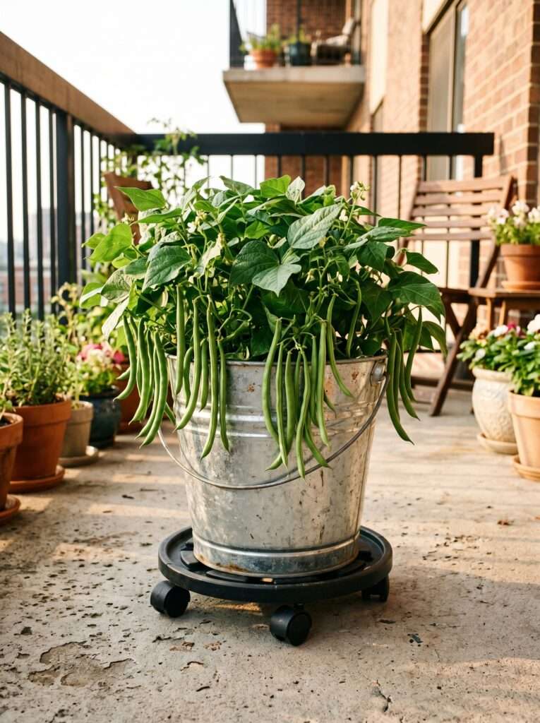 Bush bean plant growing in a galvanized bucket on a rolling caster.