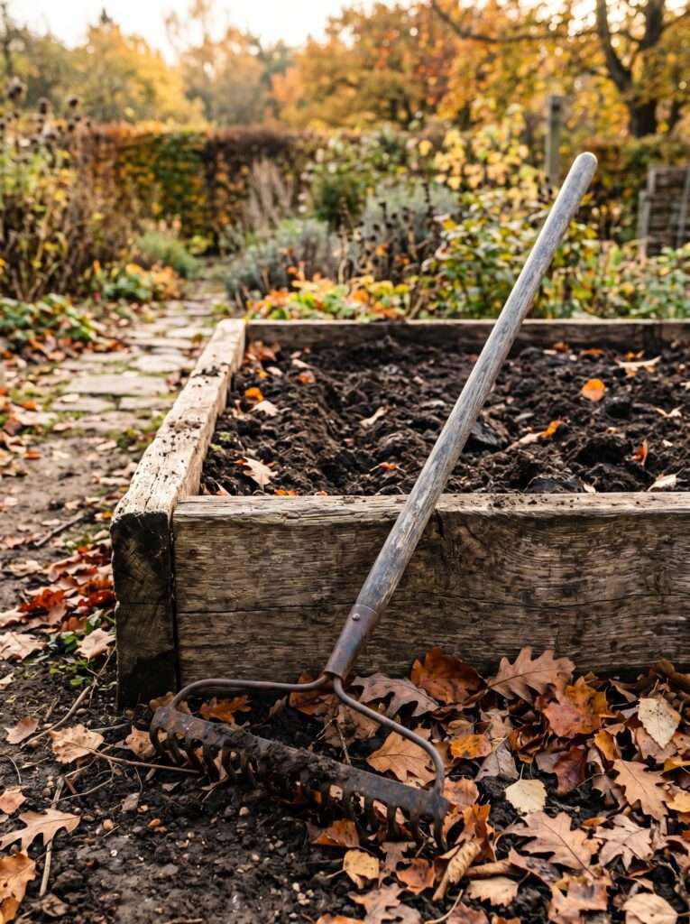 A garden rake leaning against a raised bed prepared for planting cover crop seeds.