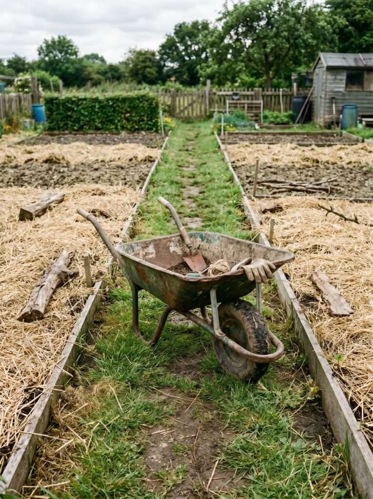 Dirty wheelbarrow sitting on a grass path between mulched garden beds.
