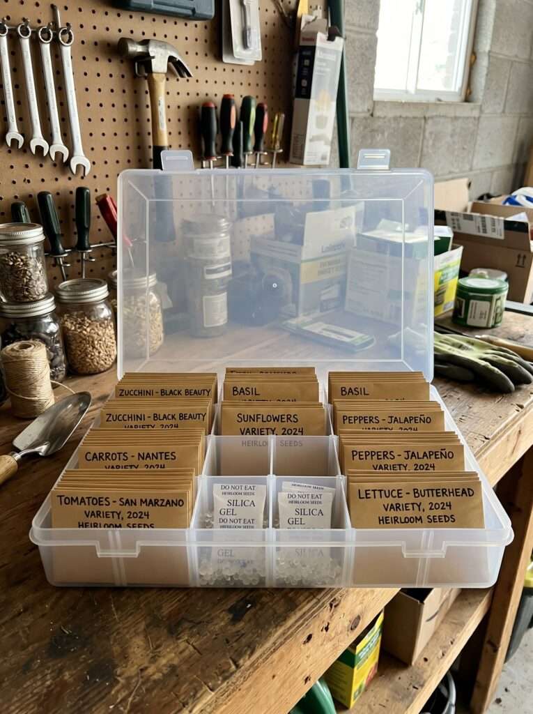 A plastic storage tub on a garage shelf filled with organized paper seed envelopes and moisture-absorbing silica packets.