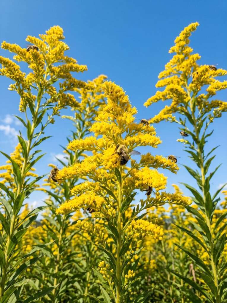 Vibrant yellow Goldenrod plumes in full bloom under a blue sky, covered in native bees.