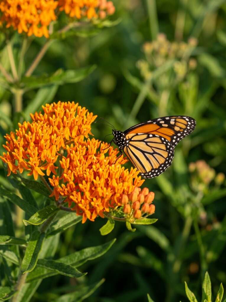 Vivid orange Butterfly Milkweed flowers with narrow leaves, lit by bright, natural sun.