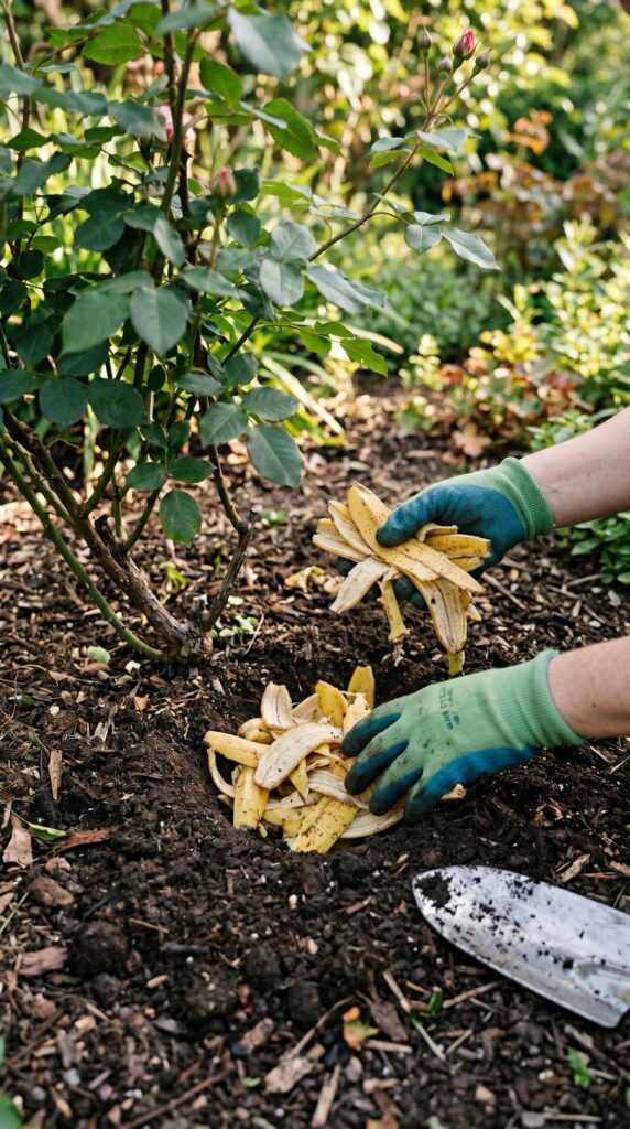 A close-up of a hand burying small pieces of yellow banana peel into a shallow hole at the base of a miniature pink rose bush.