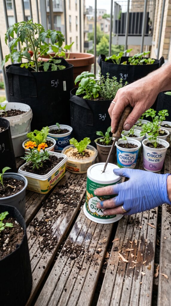 Close-up of person poking drainage holes in a recycled plastic container for balcony gardening.