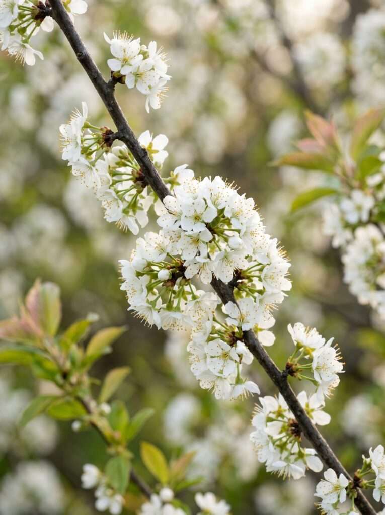 Delicate white Wild Plum blossoms covering a branch in spring, captured in soft, glowing light.
