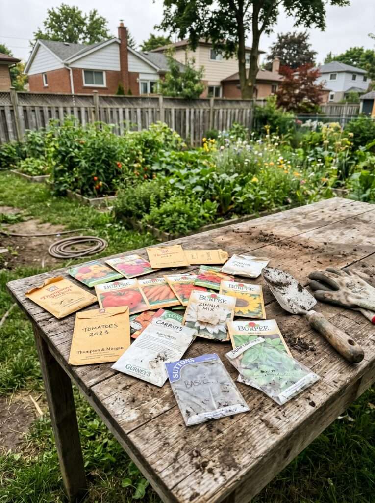 A messy collection of old, crinkled paper and plastic seed packets laid out flat on a worn wooden outdoor table with soil smudges