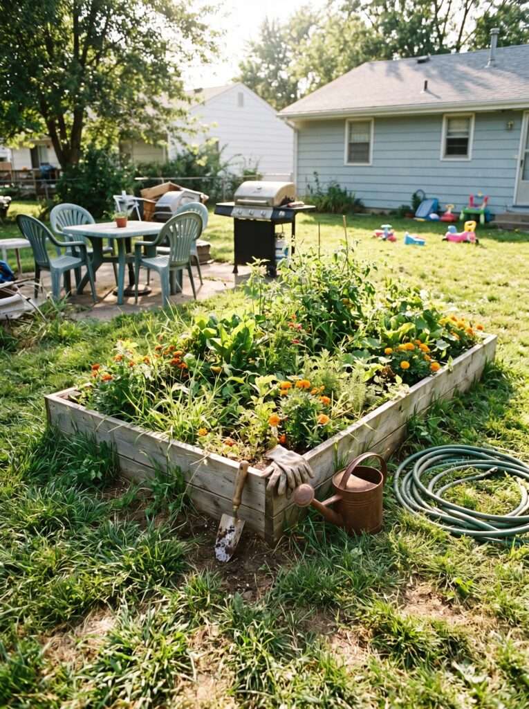 Sunlight hitting a beautiful, slightly unweeded backyard flower bed packed with mixed cosmos flowers, green leaves, and casual garden growth.
