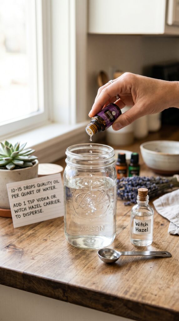 Three small amber glass apothecary bottles labeled Peppermint, Rosemary, and Eucalyptus, arranged on a stone garden wall with fresh mint sprigs.