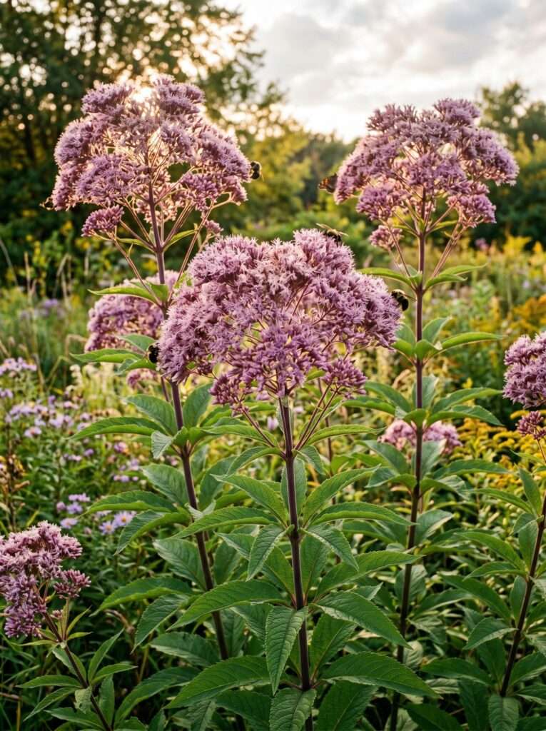 Tall stalks of Joe-Pye Weed with large, fuzzy, dusty-pink flower heads in natural light.
