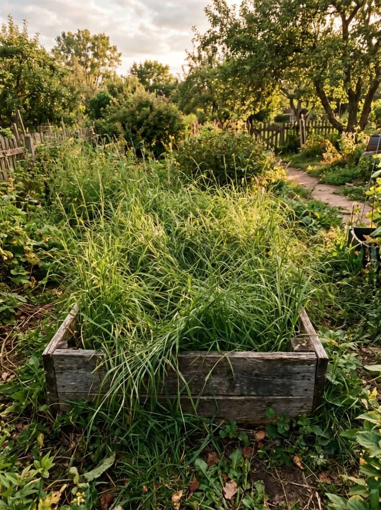 Overgrown winter rye cover crop growing too tall in a backyard garden bed.