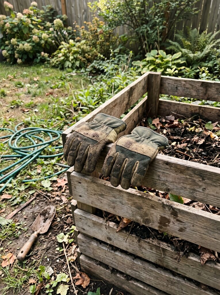 Dirt-stained gardening gloves resting on the edge of a weathered wooden compost bin in a backyard.