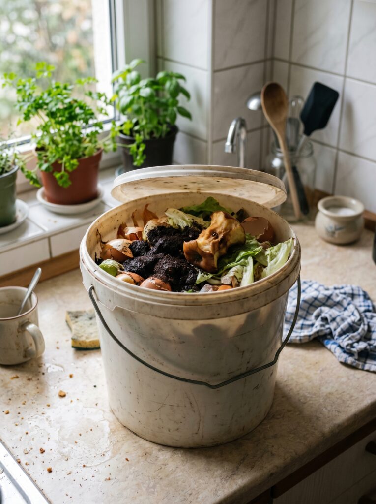 A plastic kitchen scrap bucket on a kitchen counter with coffee grounds and vegetable peels inside.