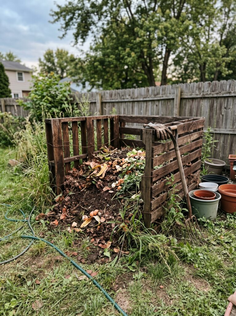 An open-air compost pile made of wooden pallets in a natural backyard setting with some weeds and a garden hose nearby.