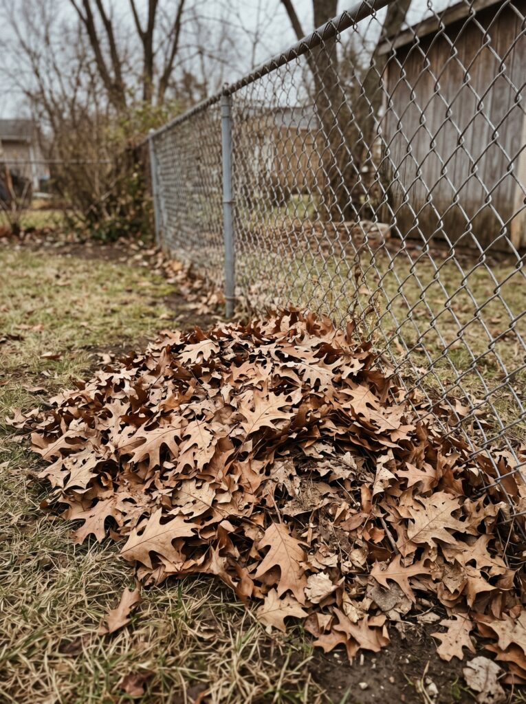 A pile of brown crunchy autumn leaves against a backyard fence in natural light.