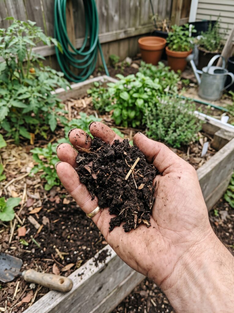 A hand holding dark, rich, crumbly compost soil with dirt under the fingernails and small bits of organic matter.