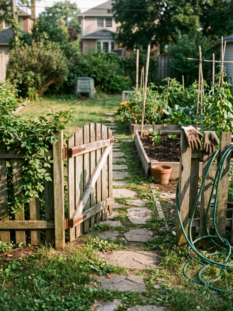 An old sagging wooden garden gate with a stone path leading to a vegetable garden in the afternoon sun.