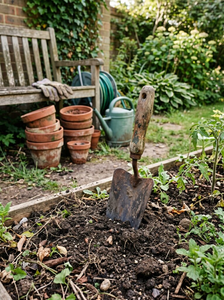 A rusty garden trowel stuck in a mound of soil with chipped terracotta pots in the blurry background.