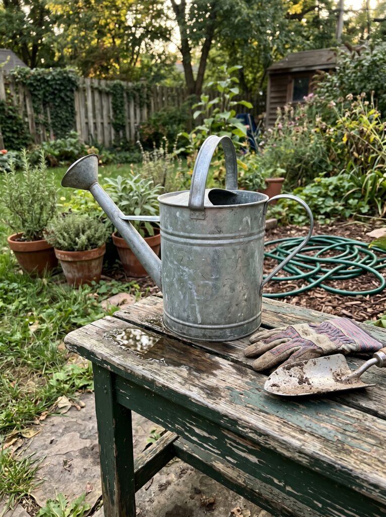 An old metal watering can sitting on a weathered wooden bench with a small water puddle on the wood.