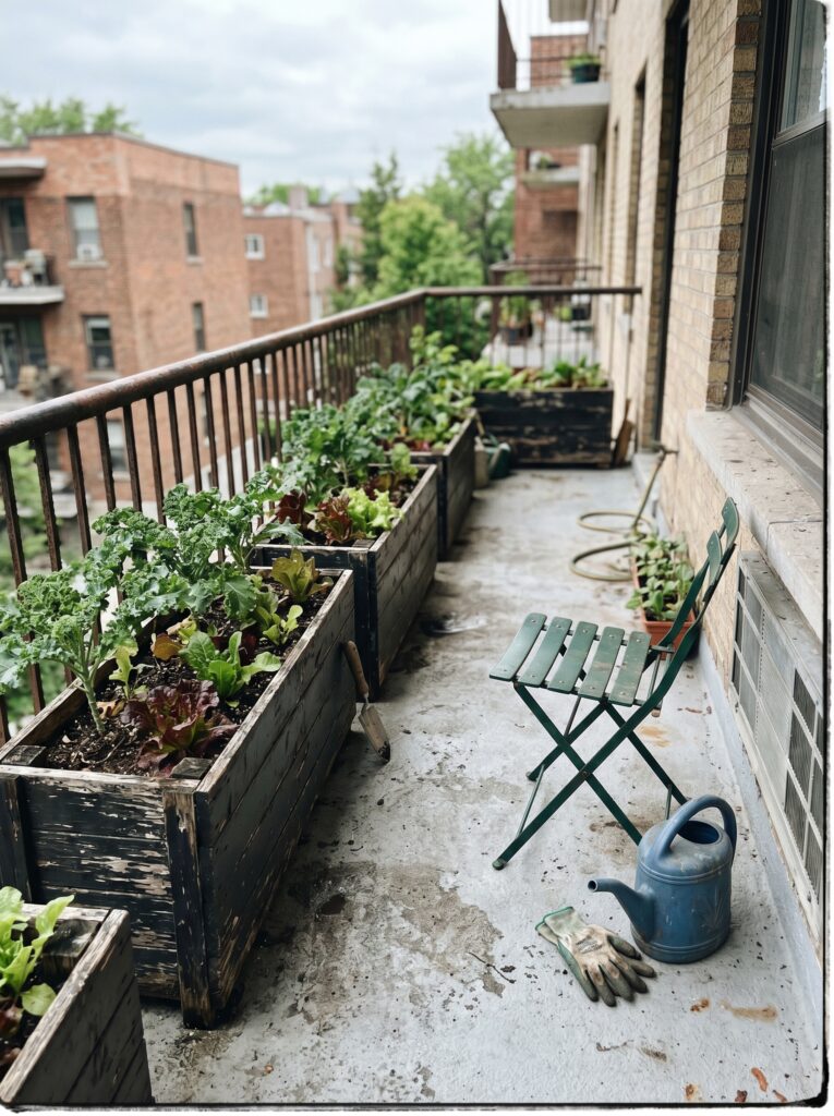 Narrow apartment balcony garden with rectangular wooden planters along the railing perimeter.