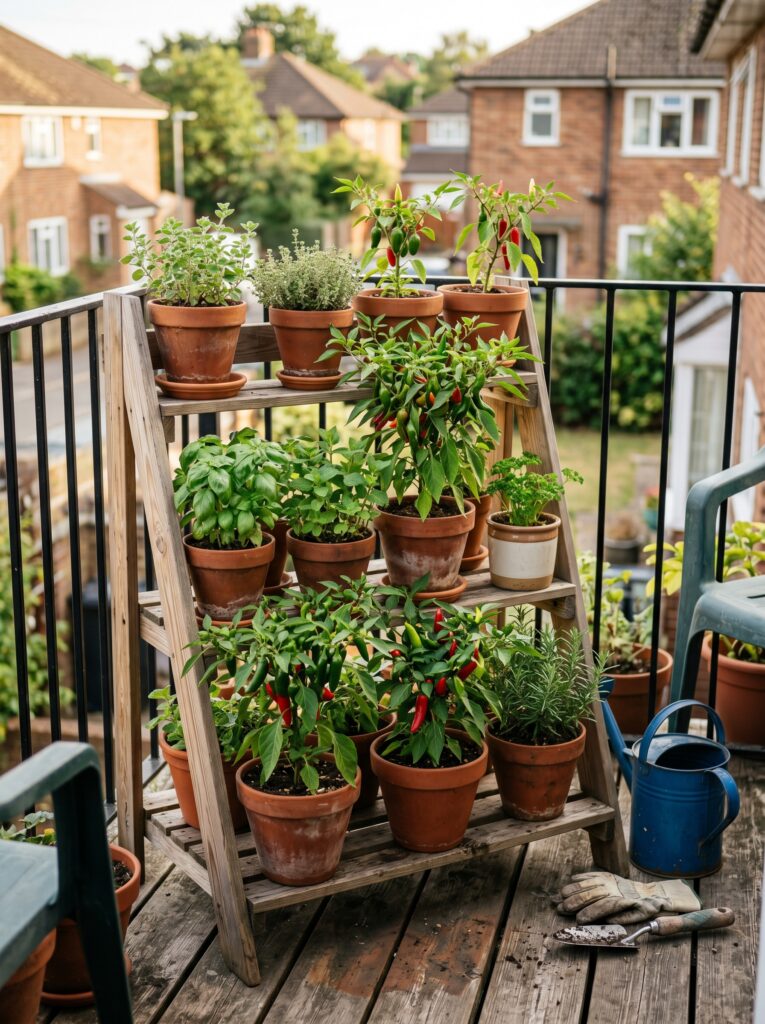 Three-tiered wooden plant stand holding terracotta pots with peppers on a sun-drenched balcony