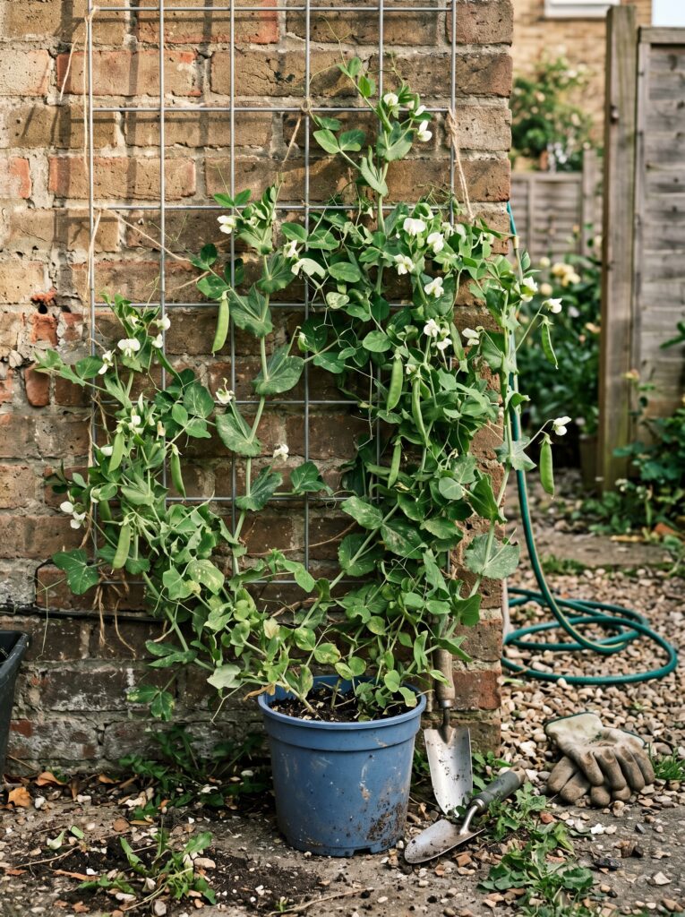 Vertical pea garden climbing a wire trellis on a brick apartment balcony wall.