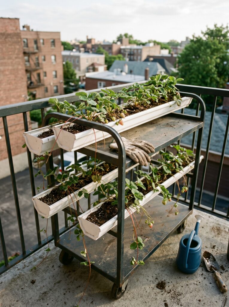 Mobile gutter garden system with strawberry plants on a rolling metal rack.