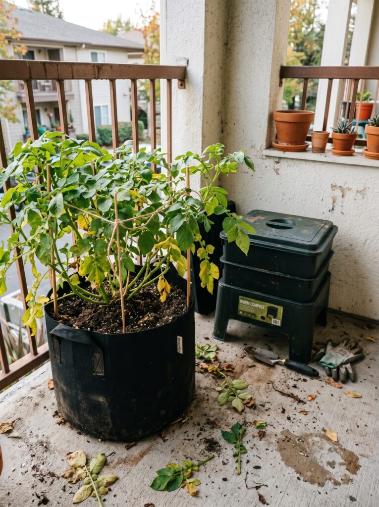 Small space composting station and potato grow bag in a balcony corner.
