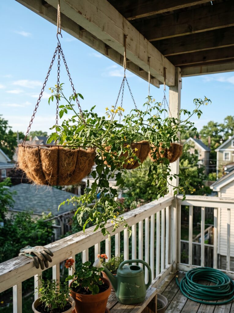 Trailing cherry tomatoes in hanging coconut-coir baskets on an apartment balcony.