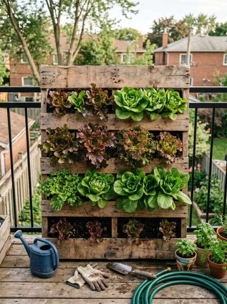 Vertical pallet garden used as a privacy screen and lettuce planter on a balcony.