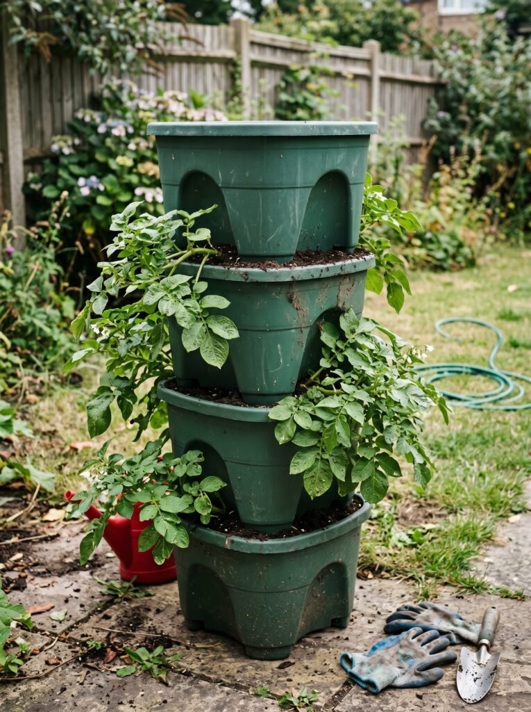 Stackable vertical planter tower for growing potatoes in a small apartment space.