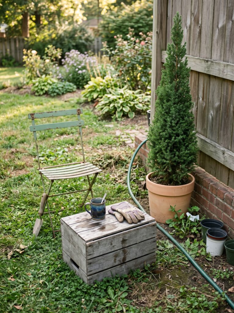 Small balcony seating area with a wooden crate table and potted evergreen privacy screen.