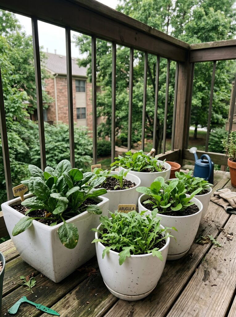 Shade-tolerant leafy greens growing in white reflective pots on a north-facing balcony.