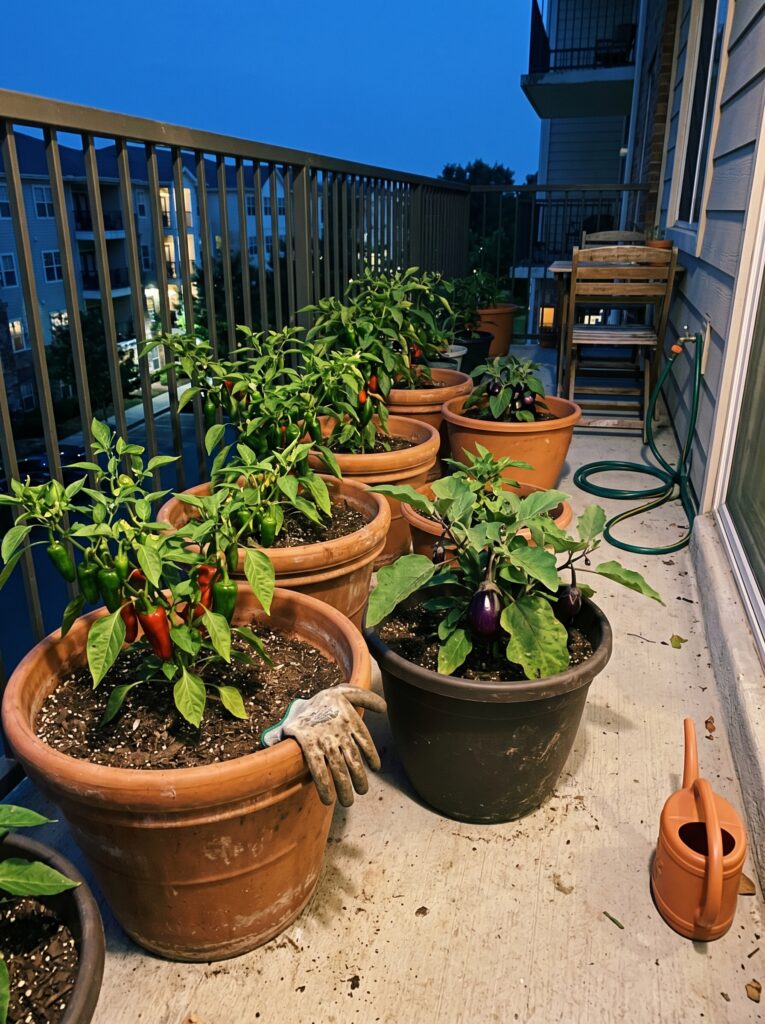 Staggered pot arrangement on a balcony to improve airflow and prevent plant disease.