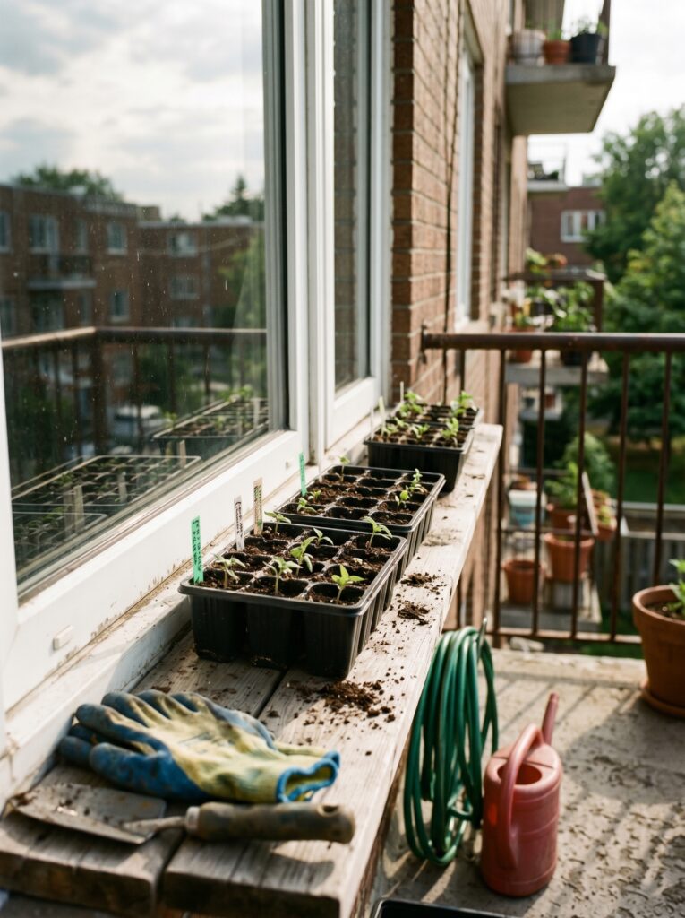 External window sill shelf holding seedling trays on a small apartment balcony.