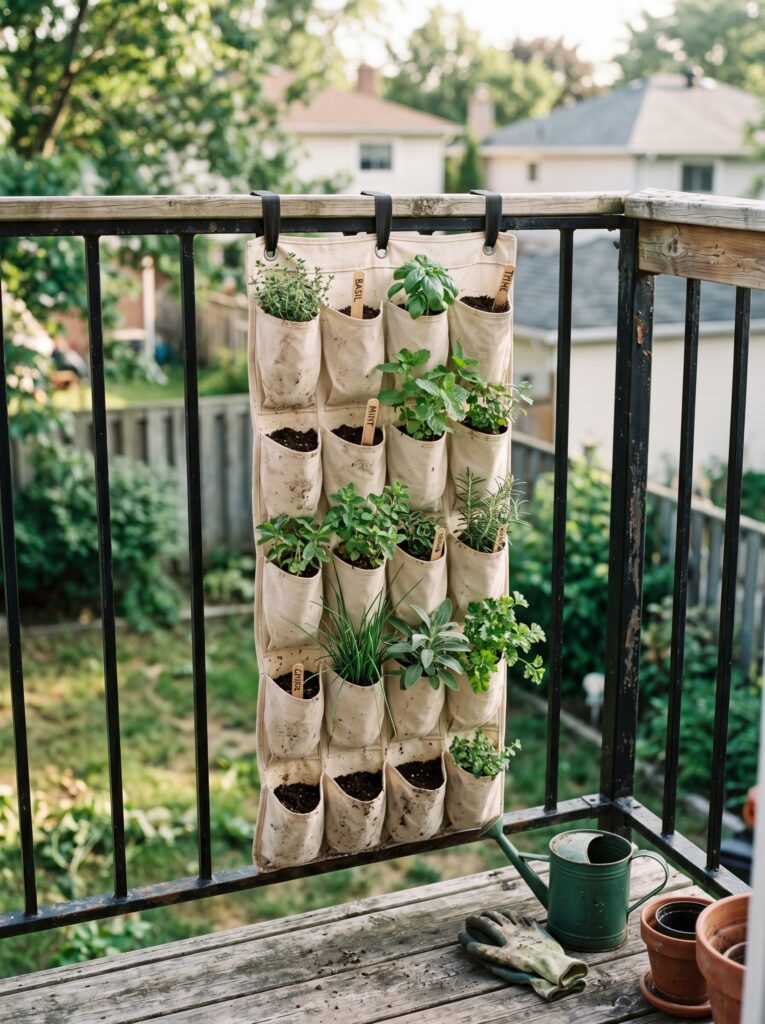 Repurposed shoe organizer used as a vertical herb planter on a balcony railing.