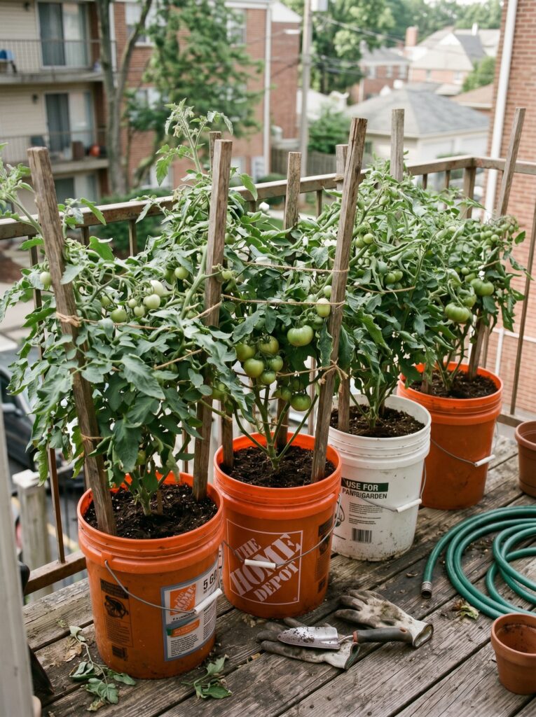DIY self-wicking bucket containers for growing large tomato plants on a balcony.