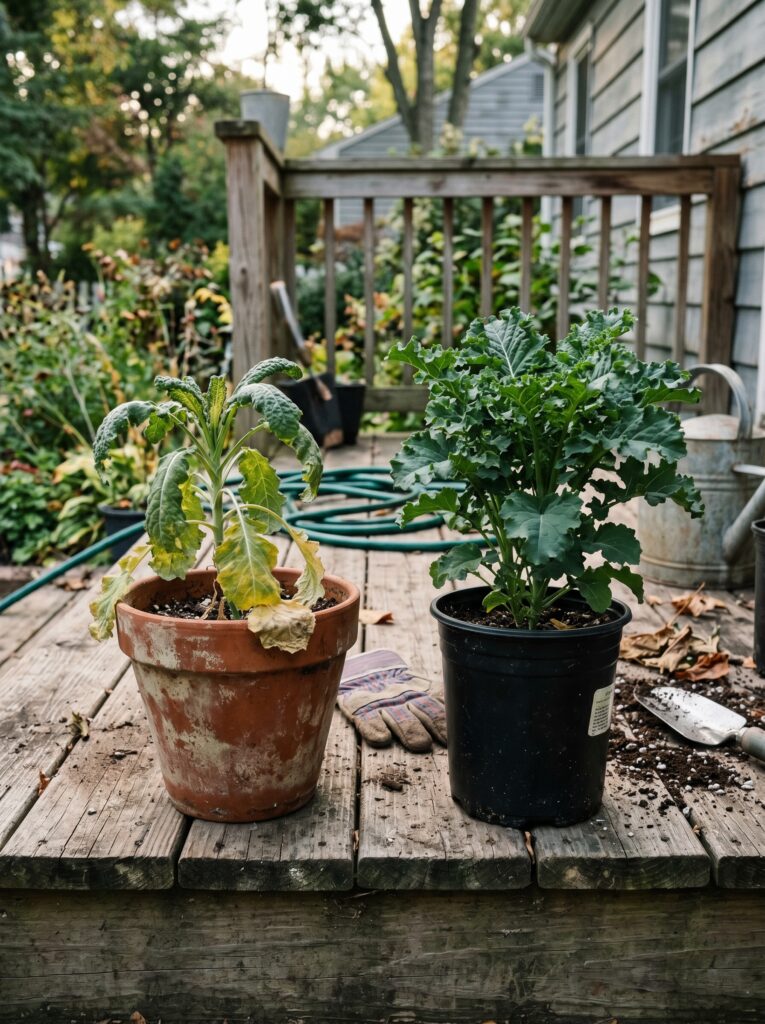 Comparison of a nutrient-deficient kale plant versus a healthy one in a home garden setting.
