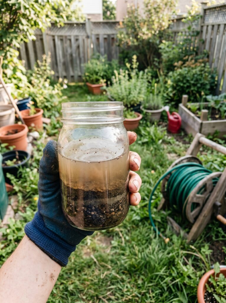 DIY jar test showing different layers of sand, silt, and clay in garden soil.