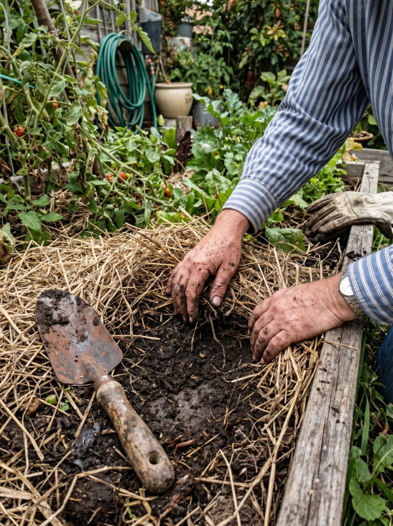Hands checking soil moisture levels under a layer of straw mulch in a garden bed.